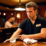 **A busy bar scene with a bartender actively listening to a customer. The bartender is making eye contact, nodding, and displaying empathy, while holding a bar towel. Soft, warm lighting creates an inviting and intimate atmosphere, reminiscent of a classic Dutch "bruin café."**