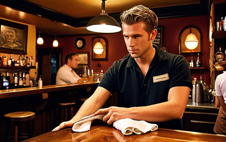 **A busy bar scene with a bartender actively listening to a customer. The bartender is making eye contact, nodding, and displaying empathy, while holding a bar towel. Soft, warm lighting creates an inviting and intimate atmosphere, reminiscent of a classic Dutch "bruin café."**